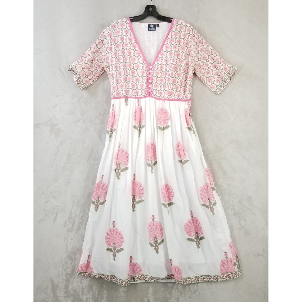Madison Mathews Midi Dress Women Large‎ Pink White Floral Cotton Prairie Boho